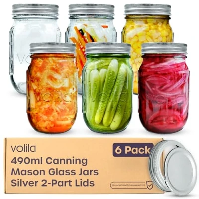 Imagen de volila Tarros de Cristal Con Tapa 490 ml Mason Jars Frascos Vidrio 2 partes Pack 6 Botes Pequeños para Avena Nocturna y Bote Mermelada Casera