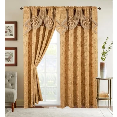 Imagen de Elegant Comfort Juego de Paneles Cortina Aspecto Jacquard con Cenefa Cascada adjunta (Juego 2), 54 x 84 Pulgadas, patrón Hojas, Dorado