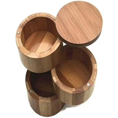 Imagen de feedal Tarro redondo de bambú, contenedor almacenamiento sal y especias, con tapa giratoria magnética 7 x 9 cm (3 niveles)