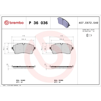 Imagen de BREMBO P 36 036 Juego de pastillas freno excl. contacto avisador desgaste con tornillos pinza sin accesorios