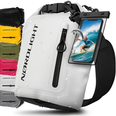 Imagen de Nordlight Bolsa Estanca Impermeable + Funda para Móvil, Cierre Enrollable, Correa Hombro Drybag Mochila Saco Estanco de Transporte Náutica Playa Sup Blanco, 5 litros