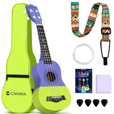 Imagen de CAHAYA Soprano Ukelele Para Niños De Cuatro Cuerdas 21 Pulgadas Madera Tilo Ideal Como Regalo Incluye Bolsa Transporte, Morado Verde