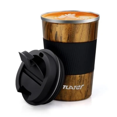 Imagen de Taza de Viaje 380 ml con Tapa, a Prueba Fugas al Vacío, Acero Inoxidable Doble Pared Para Mantener el Calor y Frío (Grano madera)