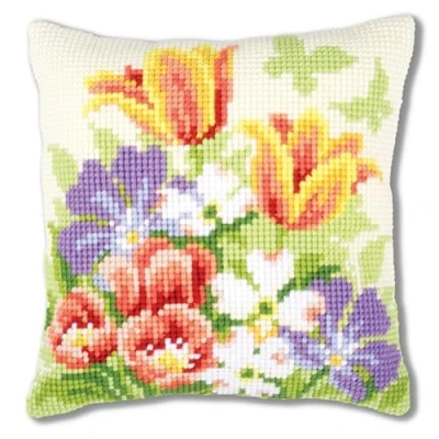 Imagen de Vervaco Kreuzstichkissen Frühlingsblüten Cojín de Punto Cruz preimpreso, Algodón, Colores Variados, ca. 40 x cm / 16&quot;