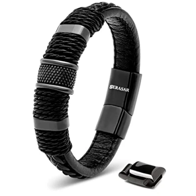 Imagen de SERASAR Pulseras Magneticas 23cm Negro Pulsera de Cuero Hombre Hombres Brazalete Brazaletes Pulso Muñequera Bisuteria Bisutería Bandera Nudos Cuerda Mens Leather Bracelet Jewellery Ancha