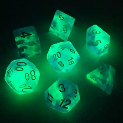 Imagen de Bescon Super Glow in The Dark Nebula Glitter Polyhedral Dice Set Northern Light, Luminous RPG Set,Glowing Novelty DND Game Set, d4 d6 d8 d10 d12 d20 d% Brick Box