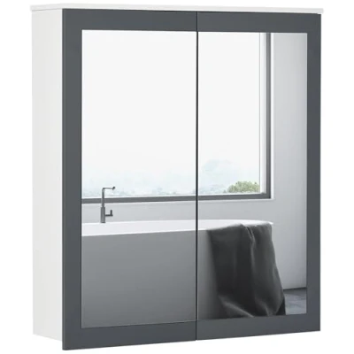 Imagen de kleankin Armario de Baño con Espejo para Colgar Mueble Suspendido 2 Puertas Vidrio y Estantes Ajustables 69x17x75,5 cm Blanco