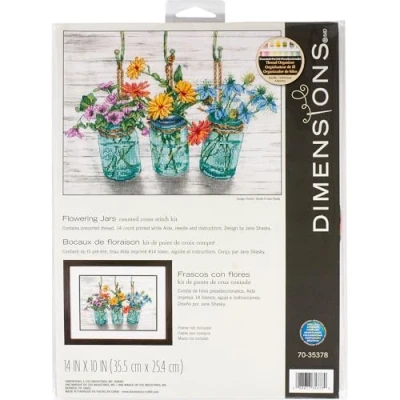 Imagen de Dimensions Kit Cruz con diseño de Flores en tarros albañil, Tela Aida 14 Puntos, x 10 Pulgadas contado, Colores Variados, 35.5 25.4cm