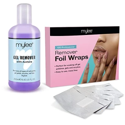 Imagen de Removedor de esmalte uñas Mylee Gel 250ml + 100pcs Envolturas aluminio Acetona 100% pura con toallitas algodón sin pelusa papel