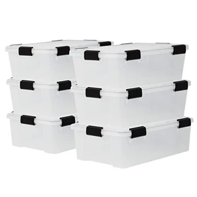 Imagen de Iris Ohyama 6 Cajas herméticas de plástico con tapa y cierres a presión, 30L, Transparente, sello impermeable, apilables, antipolvo, para ropas, camping, exteriores, cubo almacenaje, box, DDAT LS