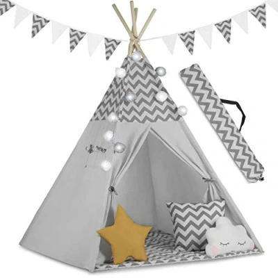 Imagen de Nukido Tipi Tienda de campaña para niños algodón, Juguete Interiores y Exteriores, Dos Almohadas, Estera Aislante, lámpara LED, India Wigwam, Madera álamo, 120 x 165 cm, Gris