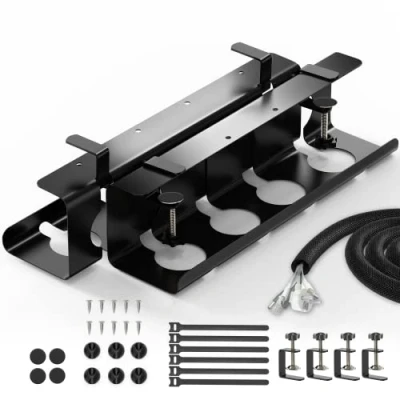 Imagen de BANNIO Bandeja Organizador Cables Escritorio, Juego de 2 Cable Management sin Necesidad Taladrar, Recoge Mesa 43cm Soporte para Hogar u Oficina, Negro