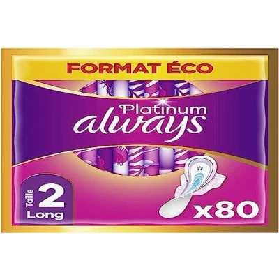 Imagen de Always Platinum Toallas Higiénicas, Tamaño 2, Largo, 80 Servilletas con Aletas, Flujo Moderado Día, Formato Ecológico, Suave y Flexible, Super Absorbentes Ultrafinas