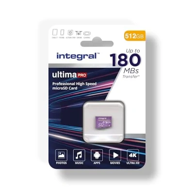 Imagen de Integral tarjeta Micro SD de 512GB vídeo 4K velocidad lectura 180 MB/s y escritura 150MB/s MicroSDXC A2 C10 U3 UHS I V30