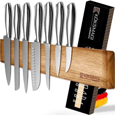 Imagen de KÖKSMAGI® Barra magnética para cuchillos OSKAR (50 cm) portacuchillos magnético de madera con imán extremadamente fuerte pesados accesorios pegar y taladrar