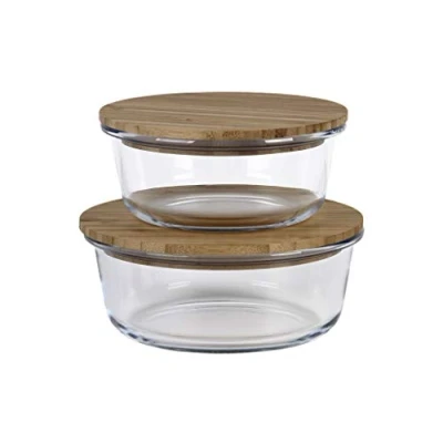 Imagen de Cofan Set de 2 Fiambreras Redondas Borosilicato Modelo Bambú Tapa Capacidad 620 950 ml