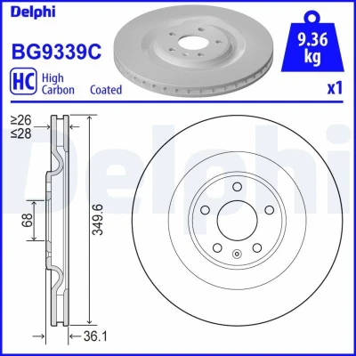 Imagen de DELPHI BG9339C Disco de freno 350 28 5 ventilado revestido altamente carbonizado sin cojinete rueda, anillo sensor ABS AUDI: Q7