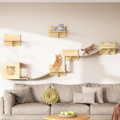 Imagen de YITAHOME Juego de muebles para gatos madera, 5 piezas, con casa gatos, cama plataforma, columna sisal, puente colgante dormir y jugar