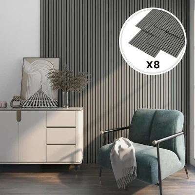 Imagen de NEU.HOLZ Set de 8x Paneles Pared Acústicos Revestimiento Paredes Listones Decorativos en MDF y Fieltro 120 x 60 2 cm (5,76 m²) Roble Gris Claro