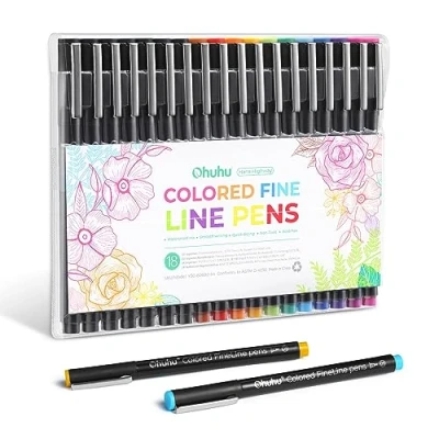 Imagen de Ohuhu Fineliner Bolígrafos 18 Pack, 11 Colores 0.45mm Dibujo y 7 Negro Micro Diferentes Consejos No Ink Bleed Suave para la Escritura a mano Esbozos Artistas