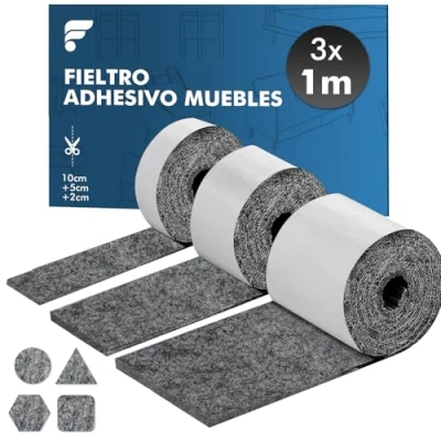 Imagen de shinfly Almohadillas Fieltro Adhesivo para Muebles Rollo 3 (100 * 10cm + 100 5cm 2cm), Antideslizante Protectores Patas de Mesa, 4mm Espesor Gris Oscuro