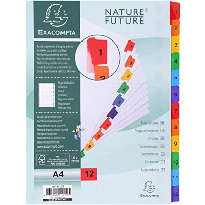 Imagen de Exacompta 1112E Separadores cartulina blanca FSC® 160g/m2 con 12 pestañas impresas digitalmente de 1 a colores Página indexación imprimible Formato archivo A4 Dimensiones 22,5x29,7cm