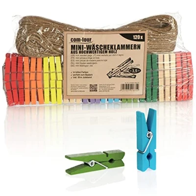 Imagen de com four® 120x Mini Pinzas para la Ropa y Cuerda de Yute 50 m: pequeñas Madera Coloridas como decoración Cuadros, collages, Postales (120 Piezas con Cinta Colores)