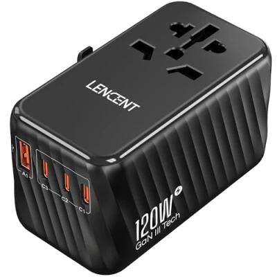 Imagen de LENCENT Adaptador Enchufe Universal GAN 120W, Cargador Internacional con 3 PD3.0 Tipo C+1 QC USB A, de Viaje Carga Rápida para Móviles, Tabletas, Portátil, EU/USA/UK/AU, Blanco