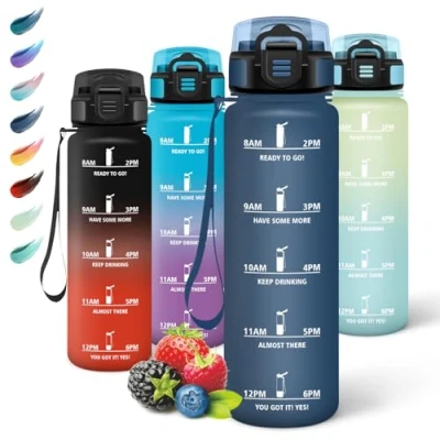 Imagen de Motswedi Botella Agua Gimnasio, 1000ml sin BPA, Agua, Reutilizable, con Marcador de Tiempo, Cantimplora para Oficina, Escuela, Yoga, Azul Oscuro