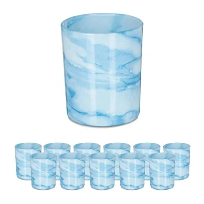 Imagen de Relaxdays Set 12 Portavelas Cristal, Vasos Velas Vidrio, Diseño Mármol, Sujetavelas Decorativos, 8,5x7 cm, Azul y Crema