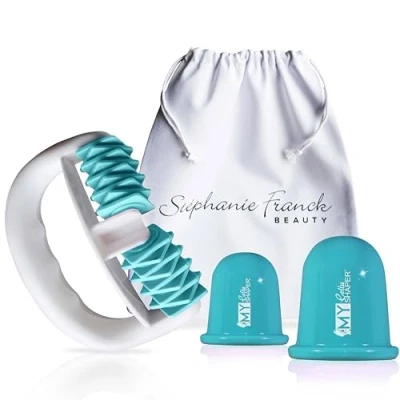 Imagen de Stephanie Franck Beauty Set de Herramientas para Masaje N 2 incluye 1 masajeador My Body Shaper, ventosas Cellu Shaper (5,5cm y 7cm) bolsa algodón (turquesa)