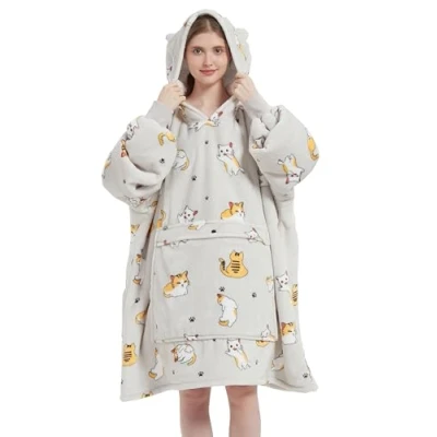 Imagen de VERTAST Sudadera con Capucha, Manta usable, Grande Hoodie de Gran tamaño, cómodas Revestimiento Sherpa súper Suave cálido, para Hombres Mujeres, Gato/Gris