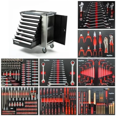 Imagen de Mephisto Carro de herramientas XXL, 8 cajones para llaves, llaves carraca con caja tuercas, destornillador, etc., superficie suave en aspecto carbono
