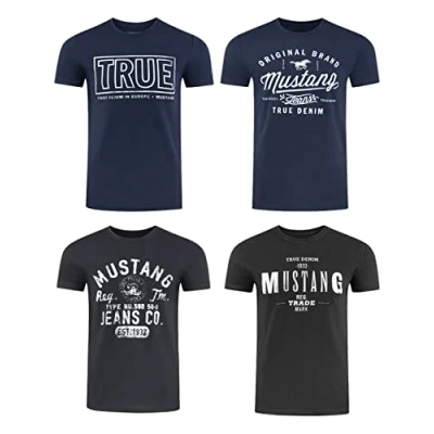 Imagen de MUSTANG Camiseta de manga corta para hombre, paquete 4 unidades, con estampado frontal, cuello redondo, corte normal, 100 % algodón, S
