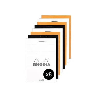 Imagen de Rhodia 11600AMZC Lote de 8 bloc notas grapado n.º 11 A7 Linado 80 hojas desmontables g/m² 3 colores surtidos (naranja, blanco y negro)