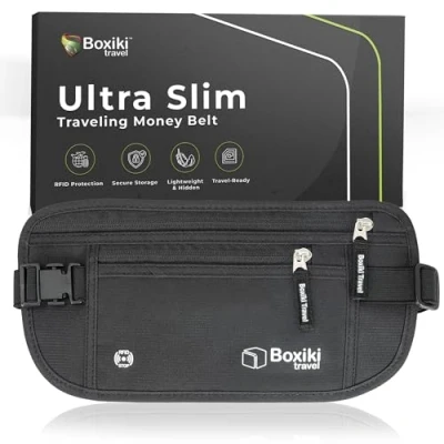Imagen de Cinturón Porta Dinero para Viajes Pouch Oculto con Bloqueo RFID Efectivo, Pasaporte, Tarjetas de Crédito y Documentos Viaje Riñonera Delgada Hombres Mujeres Negro …