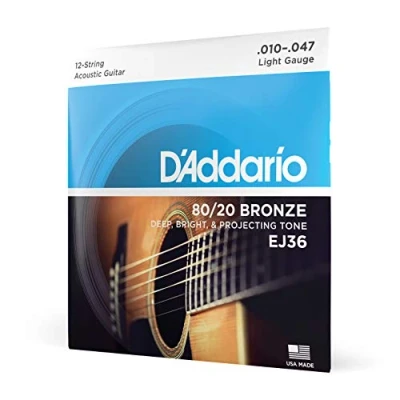 Imagen de D&#039;Addario Guitar Strings Acoustic 80/20 Bronze For 12 String Deep, Bright, Projecting Tone EJ36 Light, String, 10 47