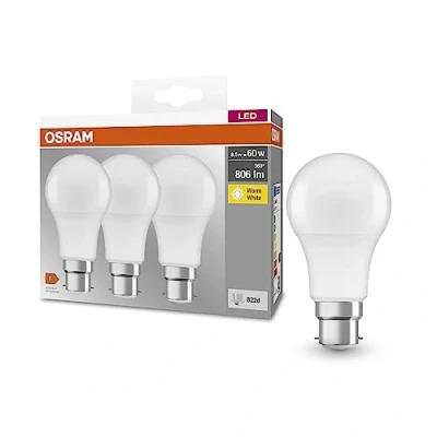 Imagen de OSRAM Lámpara LED base CLASSIC A 60 FR con casquillo B22d, forma de bombilla, paquete triple, 8.5W, 806lm, 2700K, luz blanca cálida, baja emisión calor, optimo consumo energía, larga vida