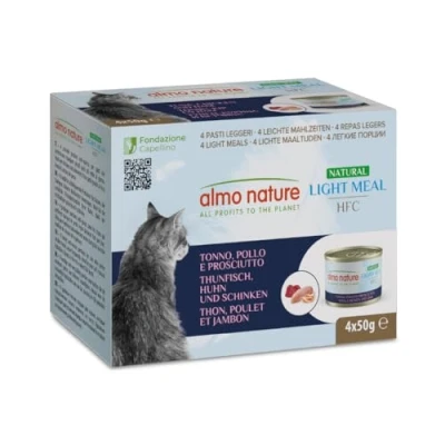 Imagen de Almo Nature HFC Natural Light Meal Atún, Pollo y jamón Comida húmeda para Gatos Adultos: 4 Cajas de 50 g
