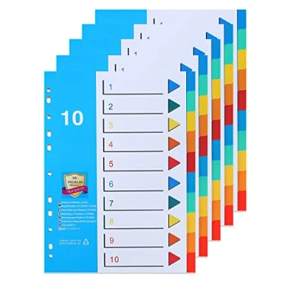 Imagen de Divisores de archivos A4(5 unidades) Separadores 10 Partes,Número 1 10,Divisores con 11 Agujeros y Pestañas Multicolor para La Oficina Doméstica