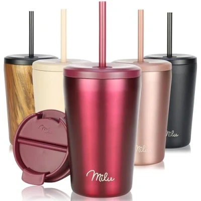 Imagen de Milu Termo Cafe 300ml, 400ml, 500ml Vaso Termico Antigoteo, Taza Termica acero inox sin BPA, Insulated Mug para llevar (Berry, 400ml)