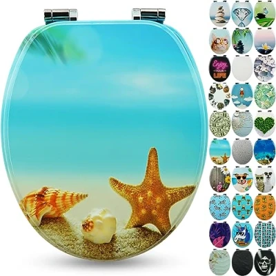 Imagen de Sanfino® Premium Tapa de WC con descenso automático asiento inodoro madera, muchos motivos coloridos y decorativos, cómodo, montaje fácil instrucciones incl. &quot;Seastar Beach&quot;