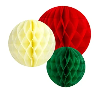 Imagen de Talking Tables Decoraciones navideñas blancas, rojas y verdes, paquete de 3 bolas papel colgantes panal para fiestas Navidad, cumpleaños, color redcreamgreen, Large (BC NUT HONEYCOMB)