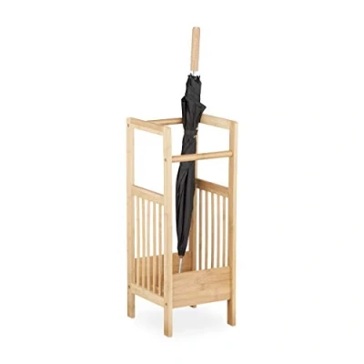Imagen de Relaxdays, 64 x 25 26,5 cm, Marrón Natural Paragüero Bambú Cuadrado, 2 Asas, Soporte Bastones, Madera