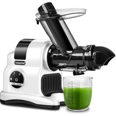 Imagen de AMZCHEF 80MM Exprimidor grande lento con 2 velocidades y función de rebobinado 150 W para verduras frutas enteras Test Winner Blanco