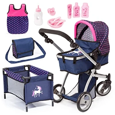 Imagen de Bayer Design Set de Cochecito para muñecas Grandes, Carrito muñeca Combi Milano, Altura Ajustable, Mega con Muchos Accesorios, Cuna Viaje, Bolso Bandolera y Mucho más