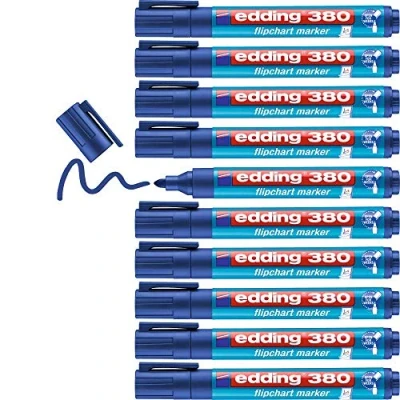 Imagen de edding 380 marcador para flipcharts azul 10 rotuladores punta redonda de 1,5 3 mm rotulador escribir, dibujar y marcar sobre papel recargable, no traspasa, mancha, impermeable