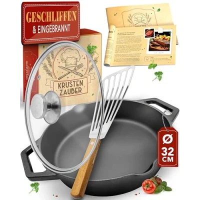Imagen de KRUSTENZAUBER sartén de hierro fundido para inducción 32 cm, con doble asa, incluye tapa y espátula, fundido,