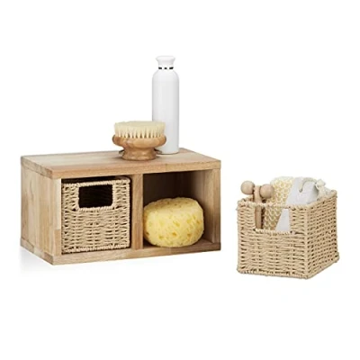 Imagen de Relaxdays Estantería de Pared Madera Nogal, 2 Cestas Extraíbles, Diseño Rústico, Mueble para Colgar, Estante, Marrón, 16x31x18 cm