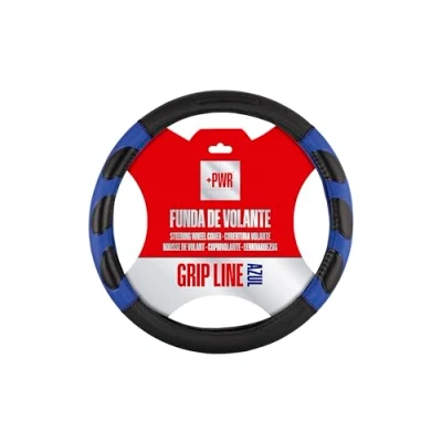 Imagen de +PWR Car Parts Funda de Volante Modelo Grip Line Negra y Azul Universal para Volantes Turismos 37 a 39 cm. Antideslizante. Fabricada en 100% Poliéster